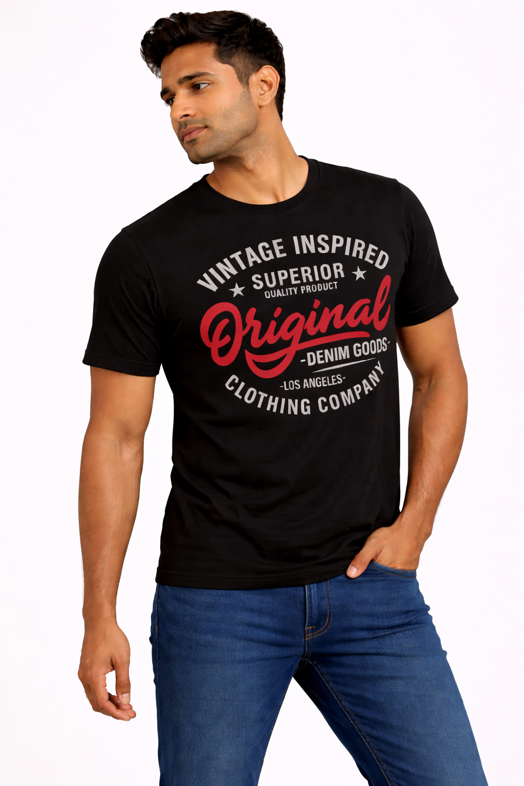 Men's Black Vintage Graphic T-Shirt – Original Denim Goods Printed Casual Crew Neck Tee