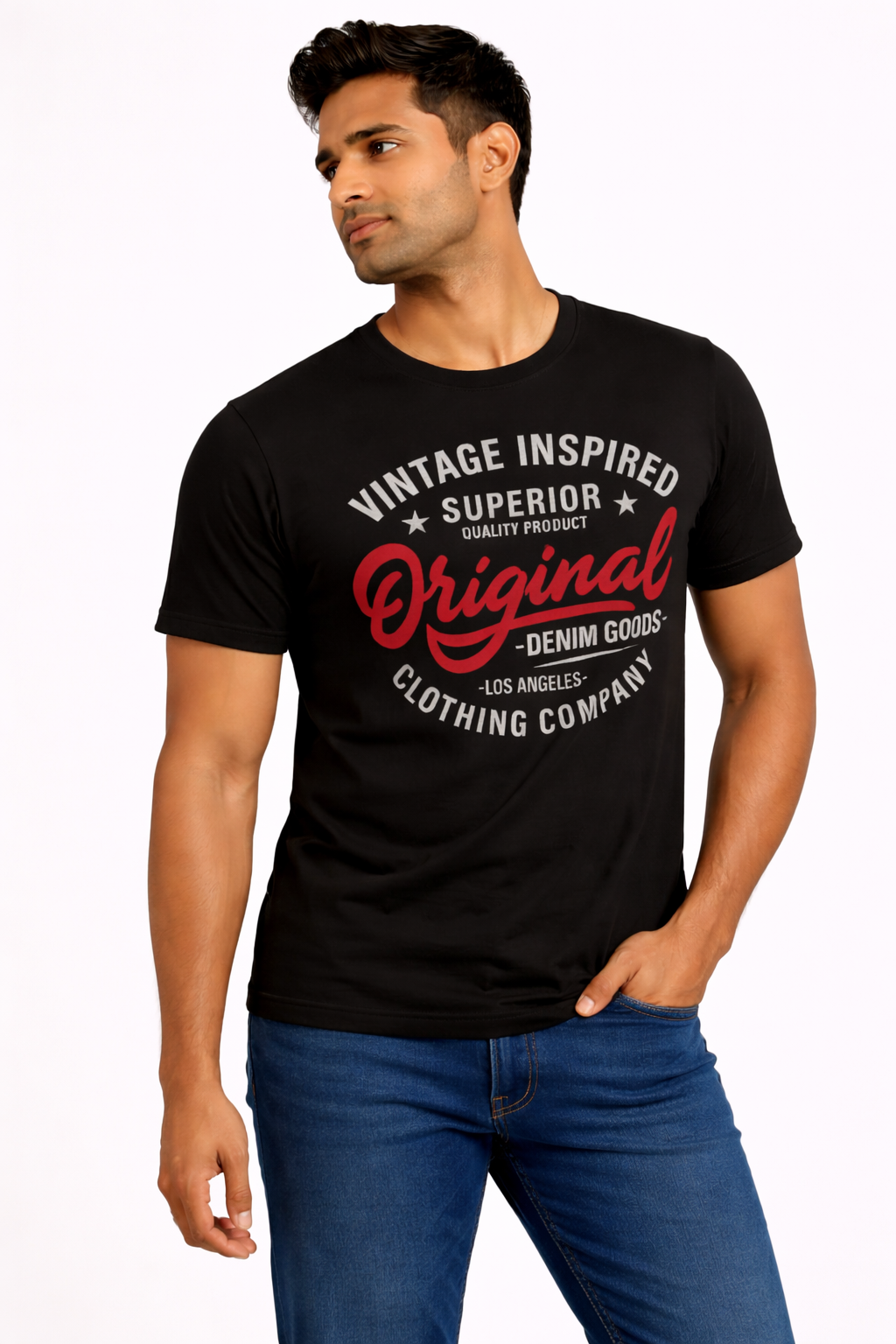 Men's Black Vintage Graphic T-Shirt – Original Denim Goods Printed Casual Crew Neck Tee