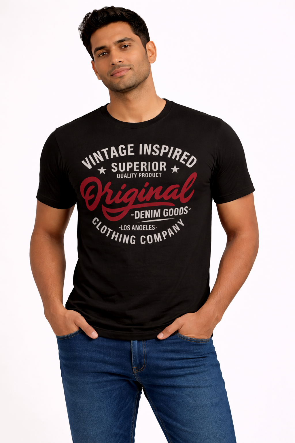 Men's Black Vintage Graphic T-Shirt – Original Denim Goods Printed Casual Crew Neck Tee