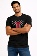 Man wearing the Amaurya Fashion black geometric graphic T-shirt, front view