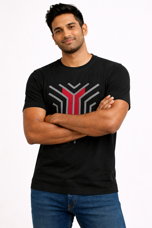 Man wearing the Amaurya Fashion black geometric graphic T-shirt, front view