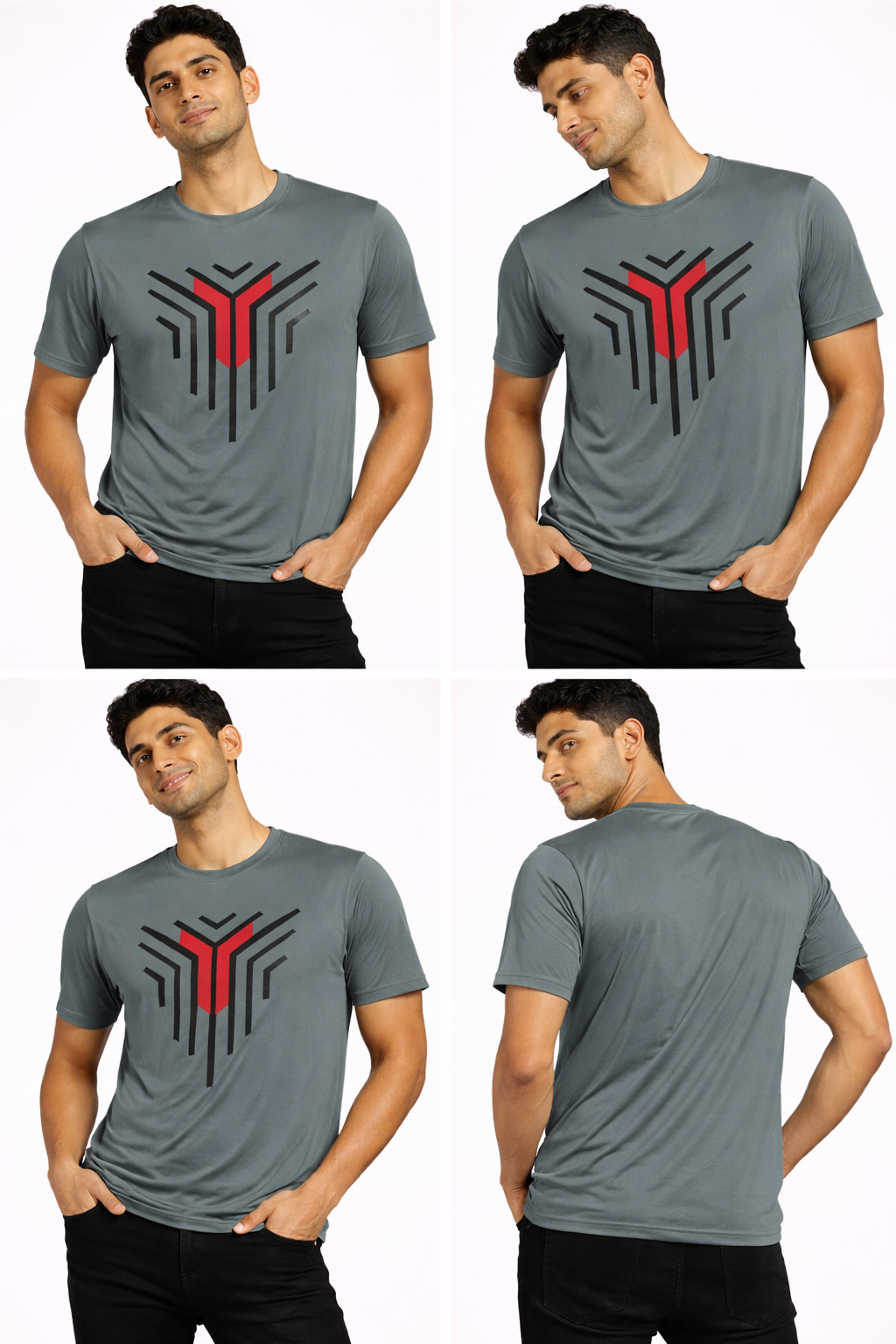 Grey geometric graphic T-shirt by Amaurya Fashion shown from the front, side and back