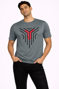 Man wearing the Amaurya Fashion grey geometric graphic T-shirt with black jeans