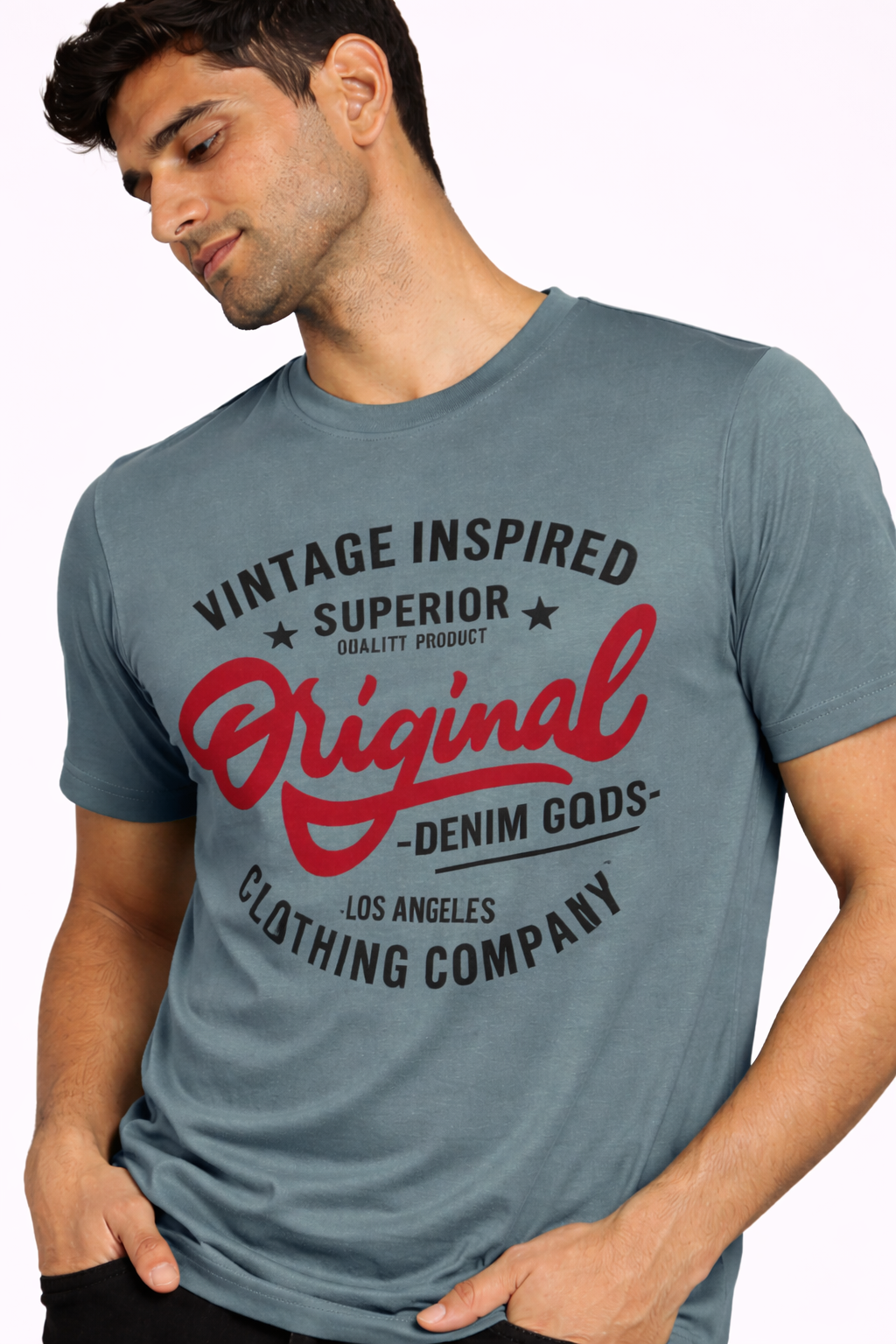 Close-up of the red Original script print on the teal Amaurya T-shirt