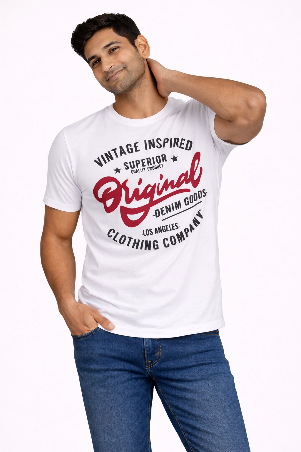 Man in the white Original Vintage graphic T-shirt in a relaxed pose