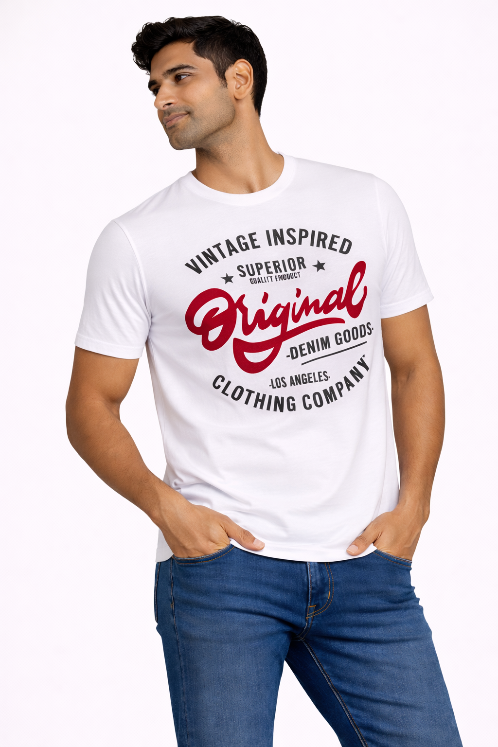Model in the white Original Vintage graphic T-shirt with red script print