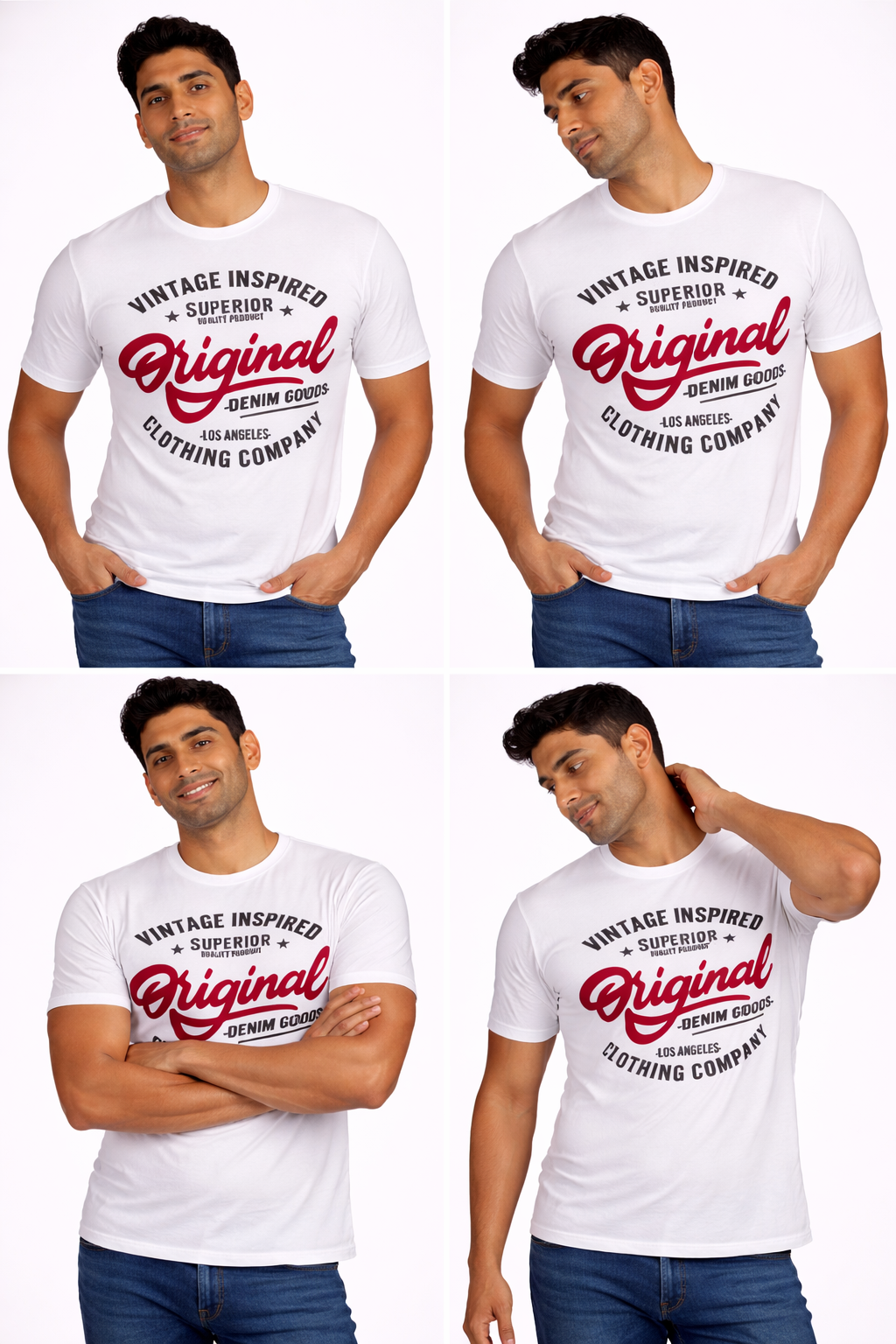White Original Vintage graphic T-shirt shown in four poses