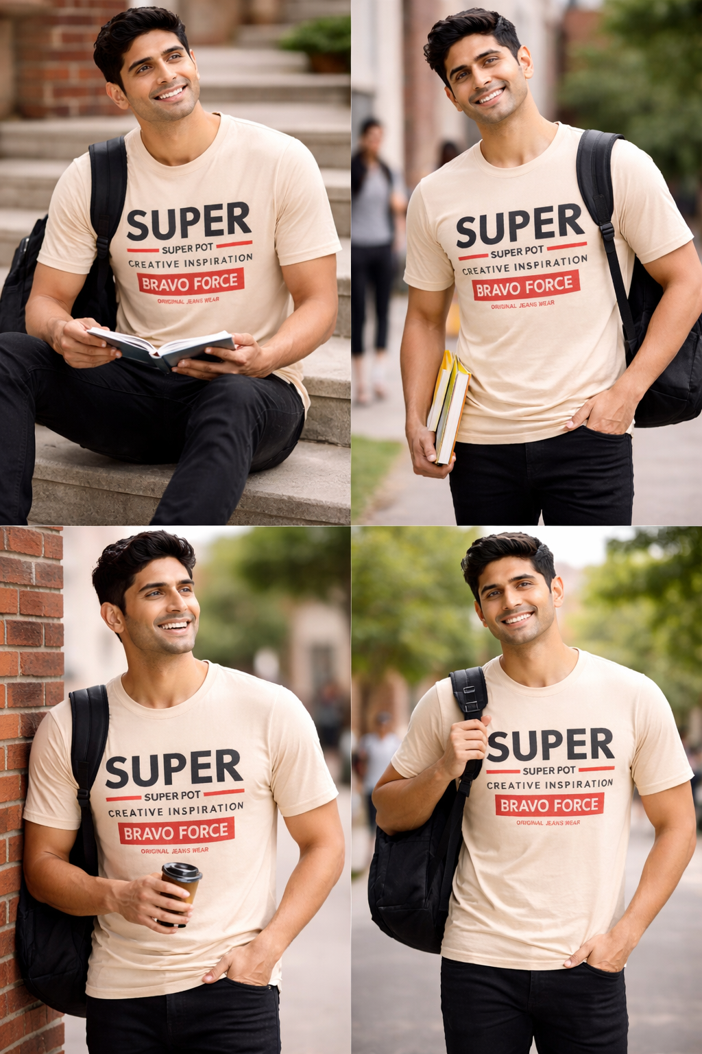 Student wearing the beige Super Bravo Force graphic T-shirt on campus, four looks