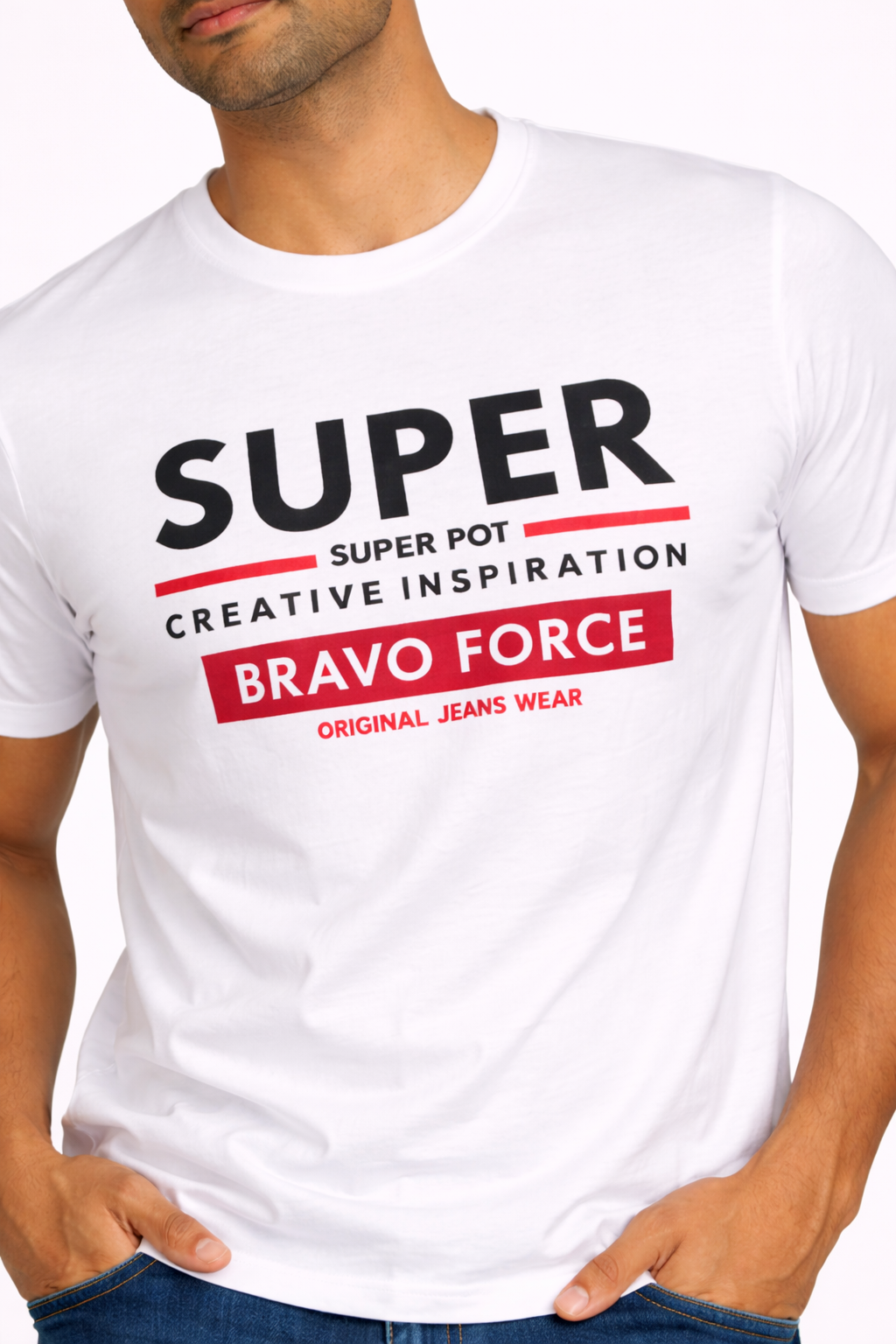 Close-up of the Super Bravo Force print on the white Amaurya T-shirt