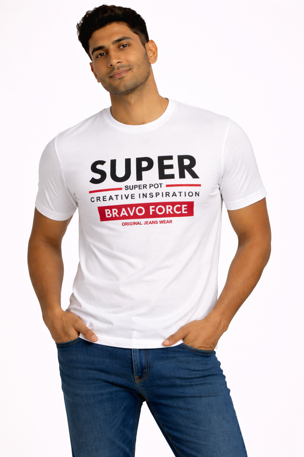 Men’s White Bravo Force Graphic T-Shirt – Premium Casual Printed Crew Neck Tee