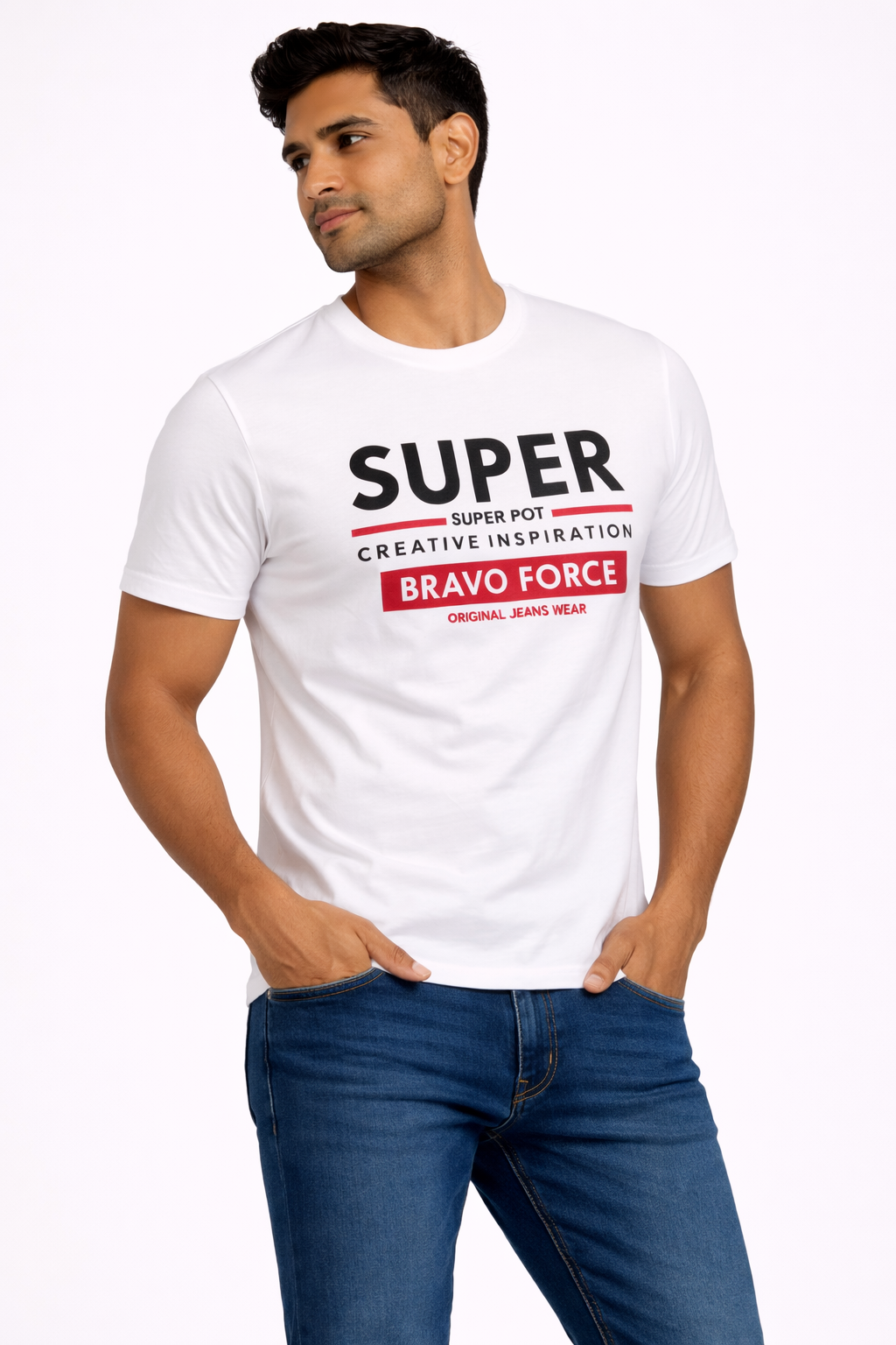 Men’s White Bravo Force Graphic T-Shirt – Premium Casual Printed Crew Neck Tee