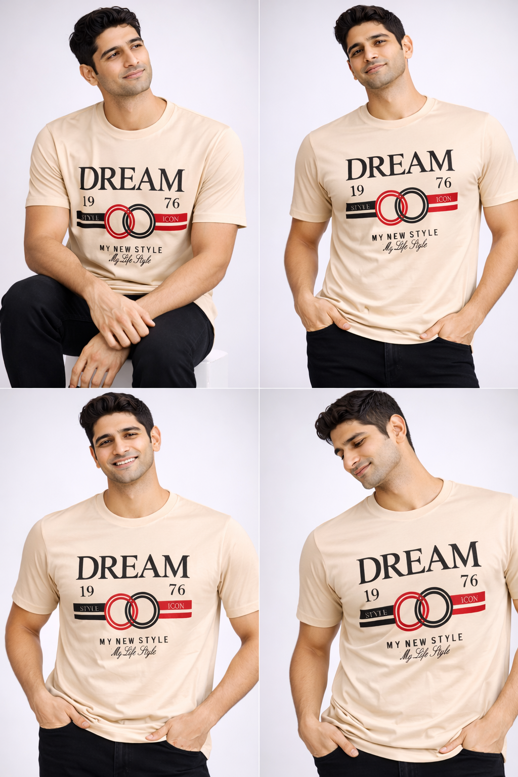 Men’s Beige Graphic T-Shirt – Stylish Casual Printed Crew Neck Tee