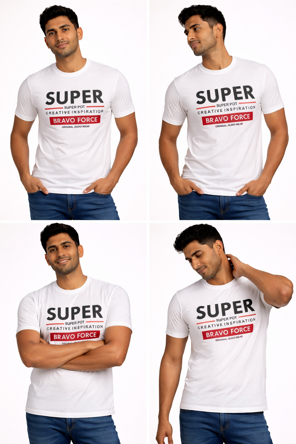 Men’s White Bravo Force Graphic T-Shirt – Premium Casual Printed Crew Neck Tee