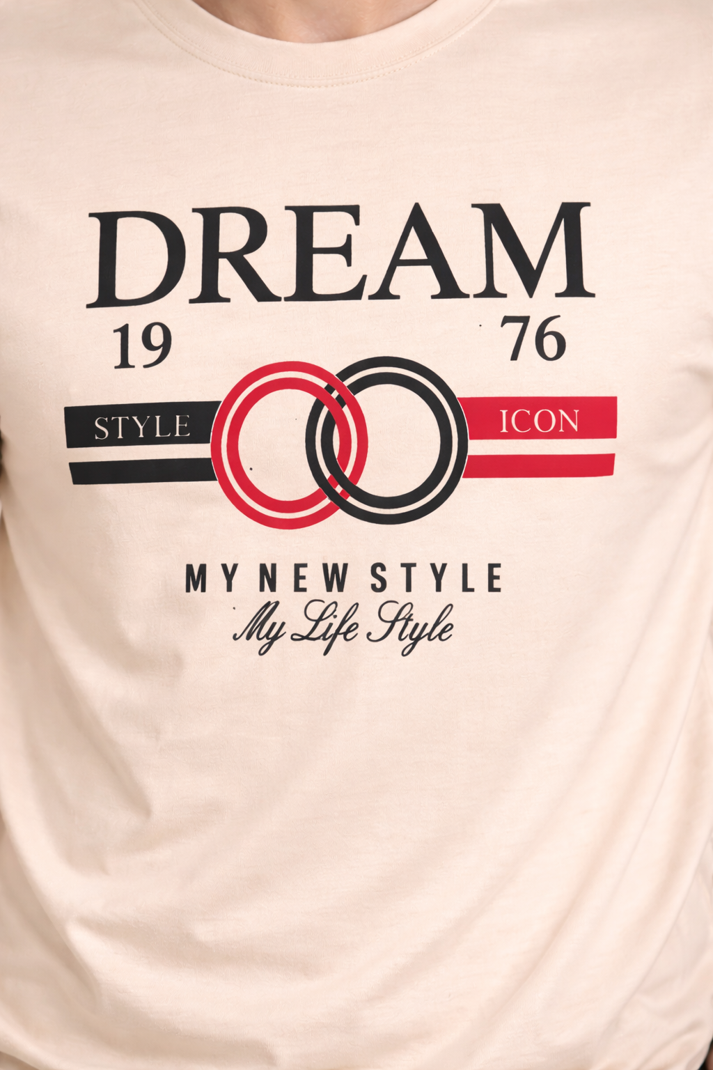 Men’s Beige Graphic T-Shirt – Stylish Casual Printed Crew Neck Tee