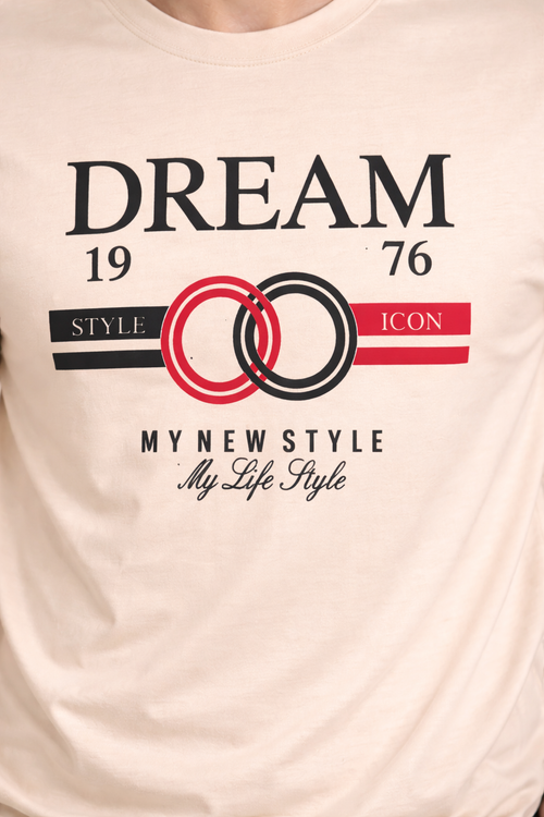 Men’s Beige Graphic T-Shirt – Stylish Casual Printed Crew Neck Tee