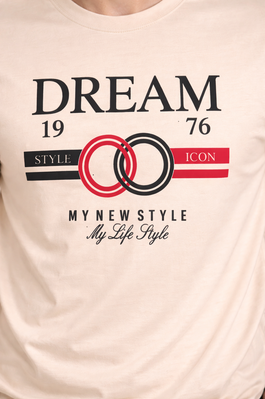 Men’s Beige Graphic T-Shirt – Stylish Casual Printed Crew Neck Tee