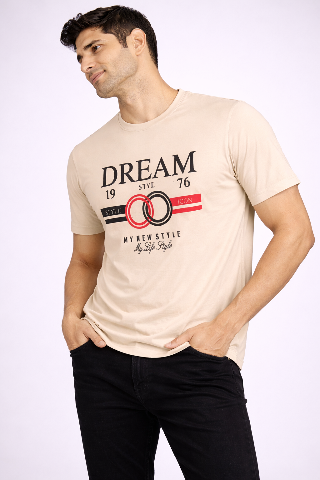 Men’s Beige Graphic T-Shirt – Stylish Casual Printed Crew Neck Tee