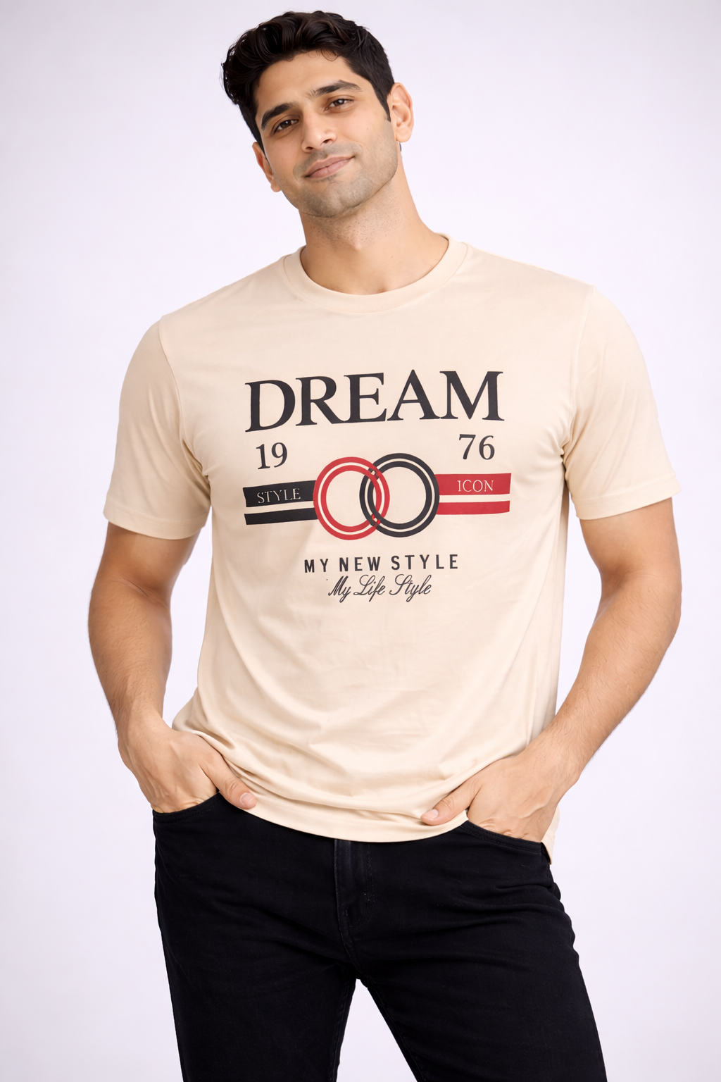 Men’s Beige Graphic T-Shirt – Stylish Casual Printed Crew Neck Tee