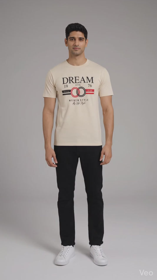 Men’s Beige Graphic T-Shirt – Stylish Casual Printed Crew Neck Tee