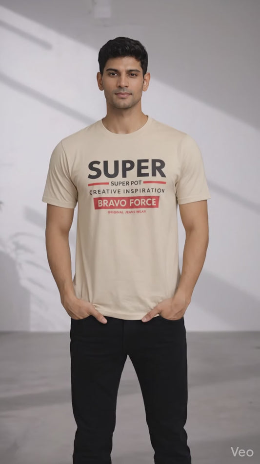Men’s Beige Graphic T-Shirt – Super Bravo Force Printed Casual Tee