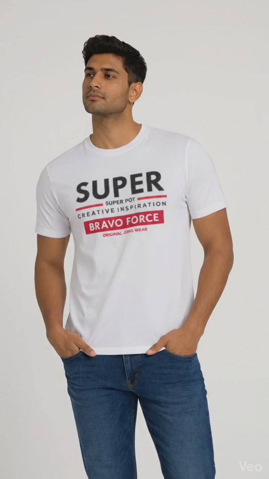 Men’s White Bravo Force Graphic T-Shirt – Premium Casual Printed Crew Neck Tee