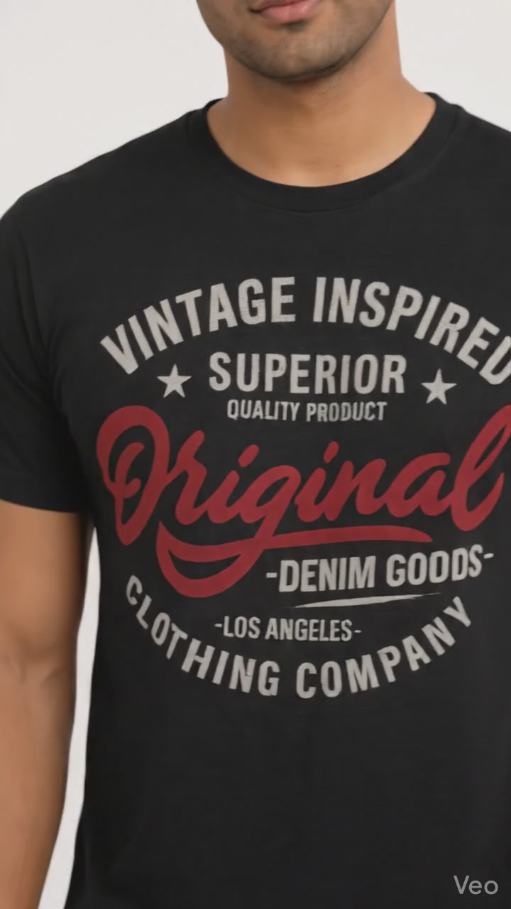 Men's Black Vintage Graphic T-Shirt – Original Denim Goods Printed Casual Crew Neck Tee